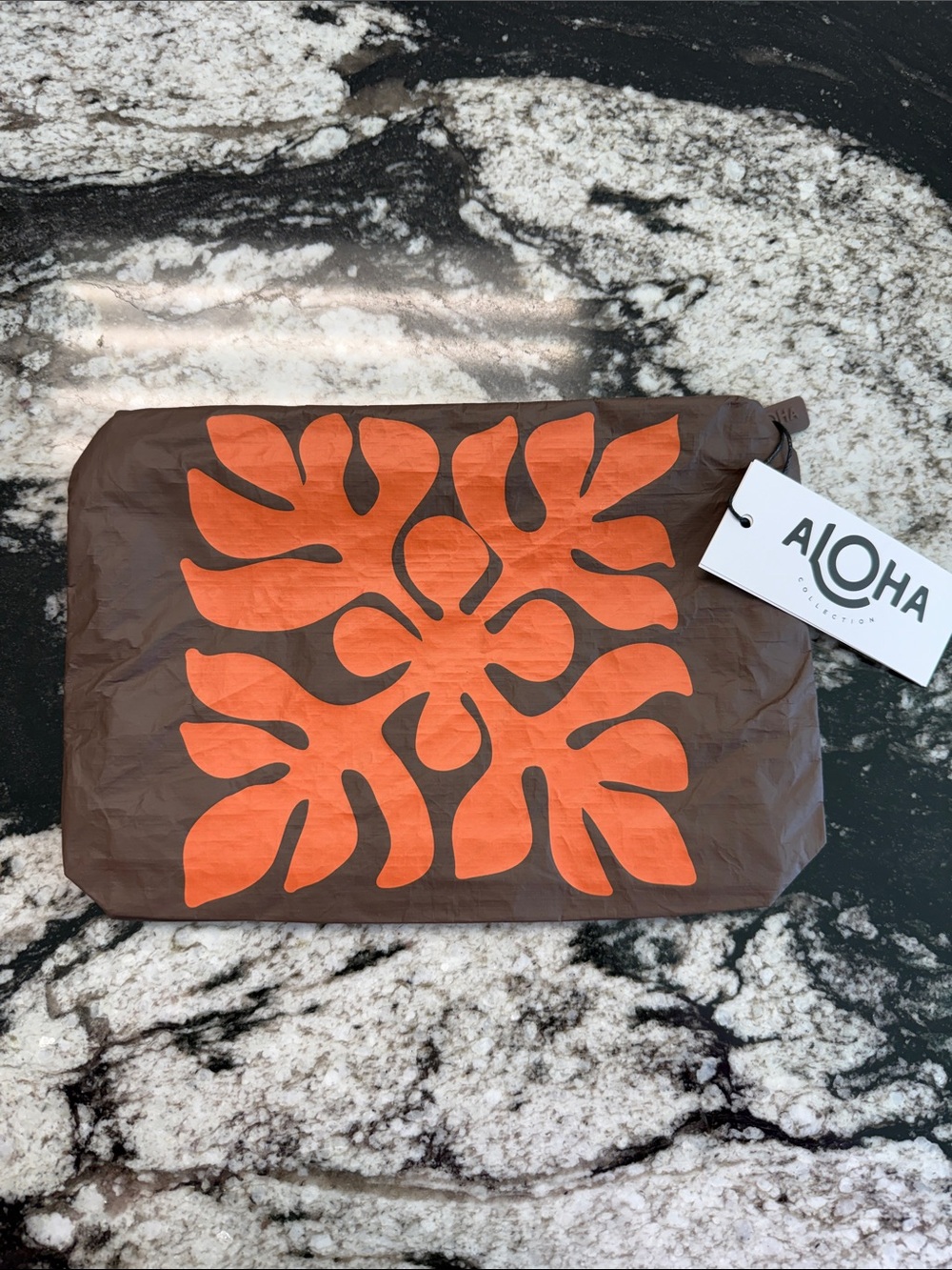 ALOHA Collection Small Brown Pouch with Orange Hawaiian Floral Print